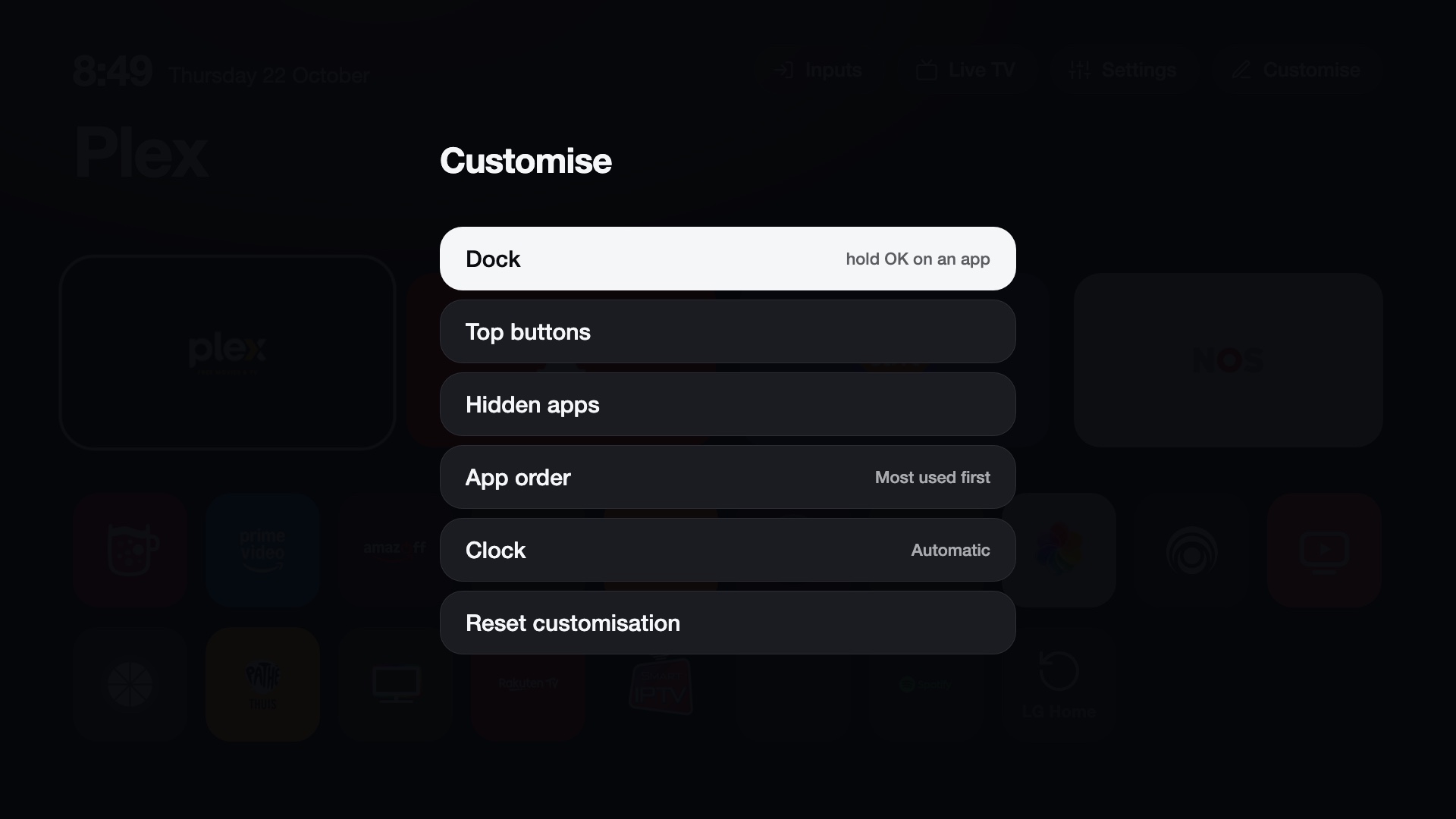 Customise menu