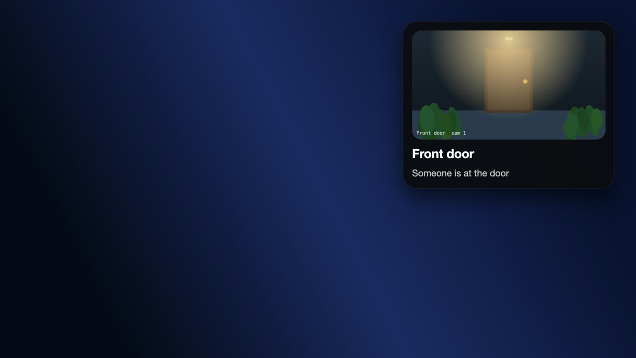 A notification card with a camera picture, top right