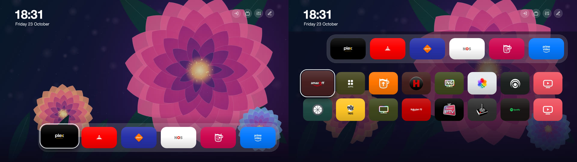 Bloom: the home screen and the app grid opened with Down