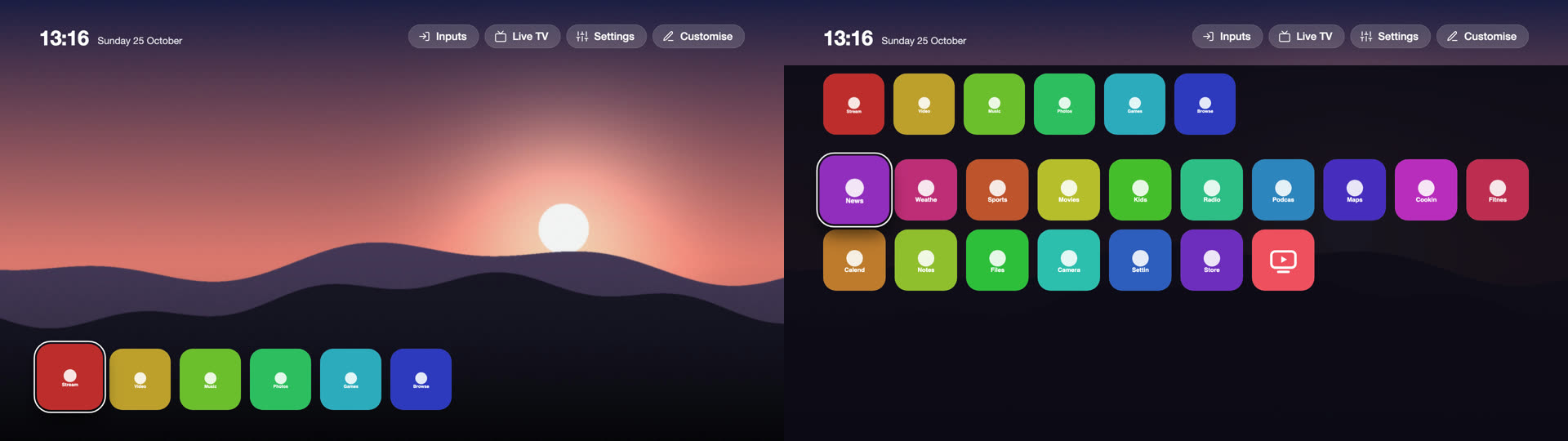 Horizon: the home screen and all apps shown with Down